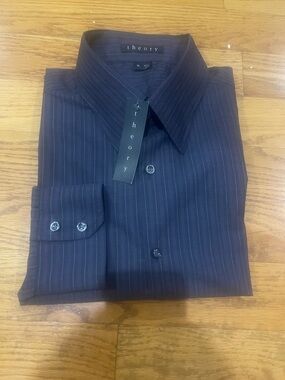 Theory Men's Dark Brown Pinstripe Dress Shirt Sz XL